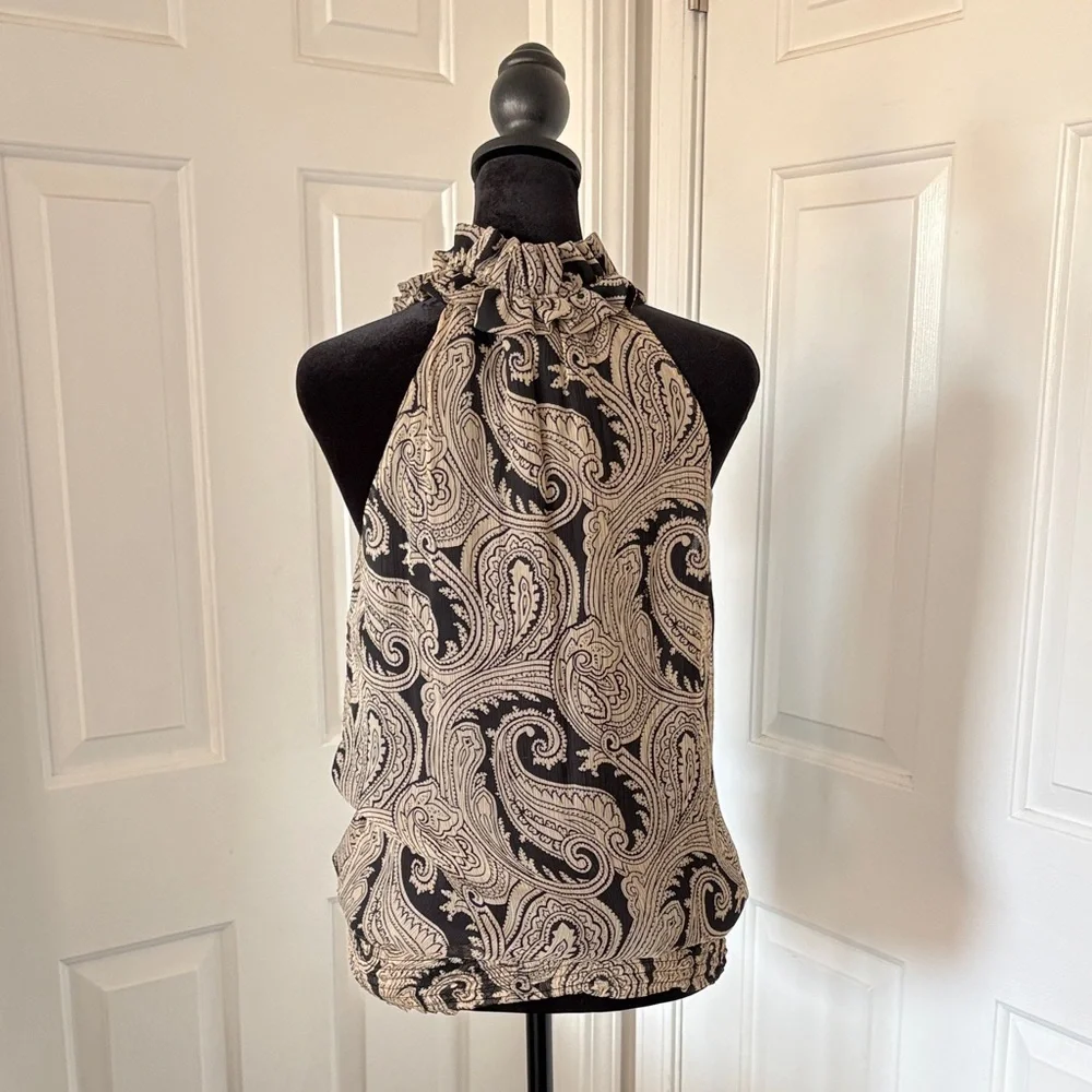 Elena Solano Paisley Silk Chiffon Sleeveless Blouse With Smocked Waist